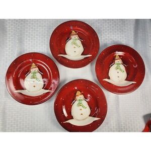 Oneida Snowmates Snowman Christmas Plates Set of 4 Debbie Taylor Earthware NEW!
